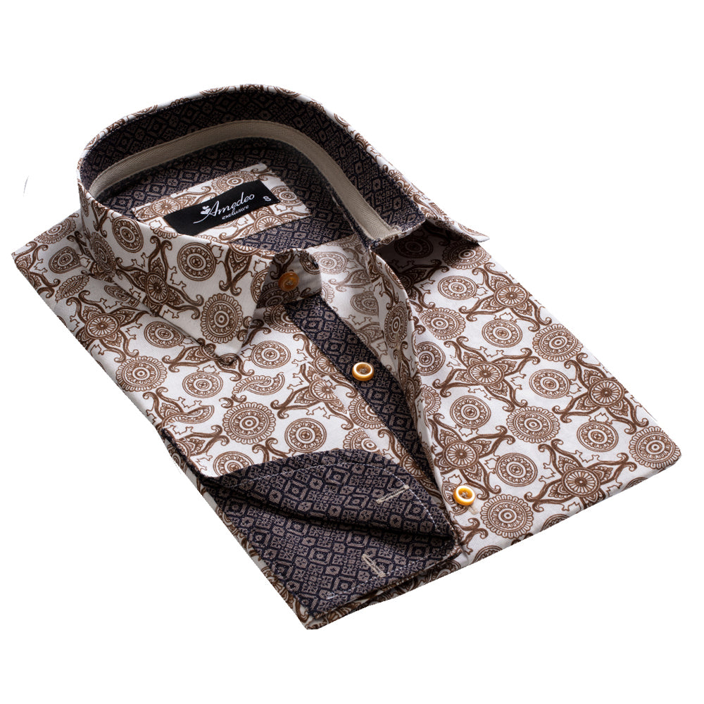 Amadeo Exclusive Slim Fit French Cuff Dress Shirt in white and brown design, showcasing premium cotton fabric and designer cuffs.