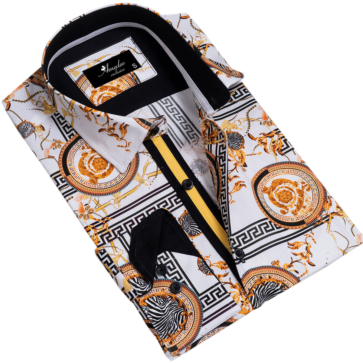White and Gold Medusa Greek Key Men's Slim Fit Designer Dress Shirt featuring a spread collar and designer cuff, made from luxury European cotton.
