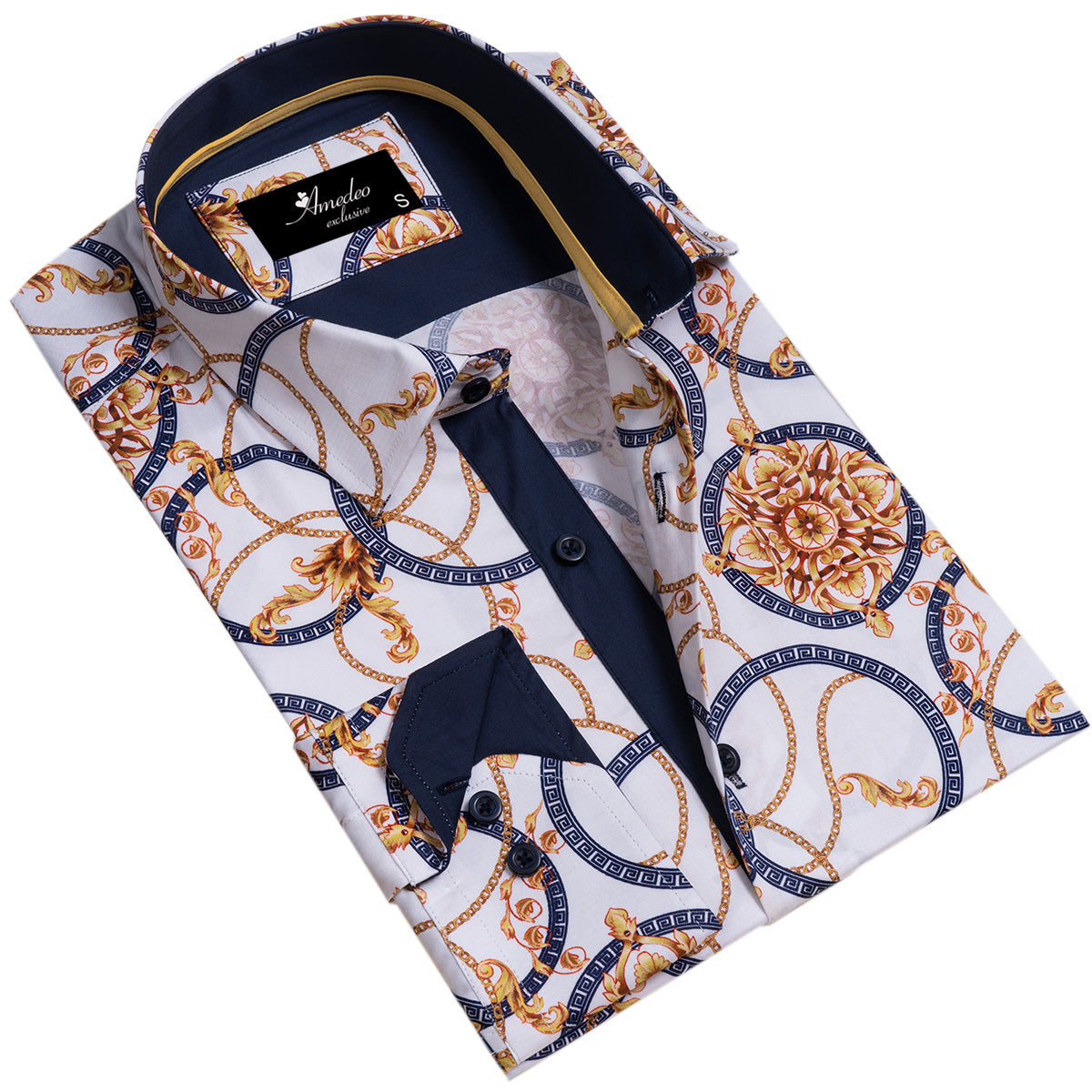 White and Gold Medusa Head Men's Slim Fit Designer Dress Shirt featuring a spread collar and designer cuff, made from luxury European cotton.