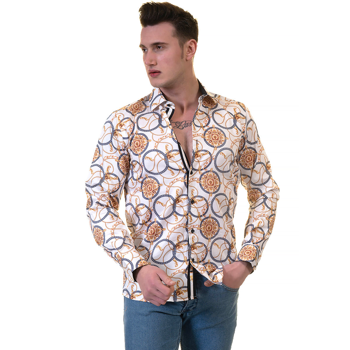 White and Gold Medusa Head Men's Slim Fit Designer Dress Shirt featuring a spread collar and designer cuff, made from luxury European cotton.