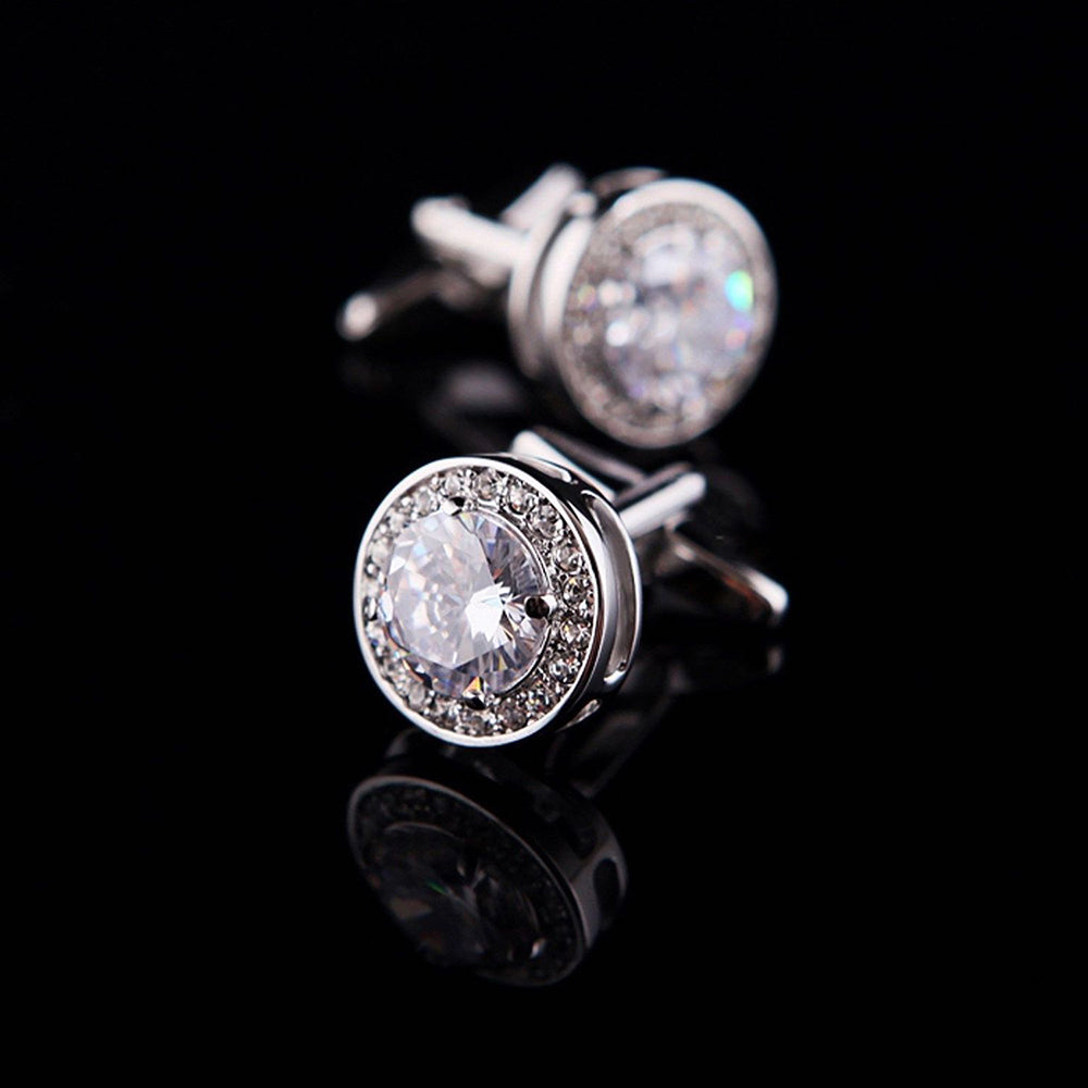 Elegant White Big Stone Mens Stainless Steel Round Cufflinks with dark blue stone, perfect for formal and casual wear.