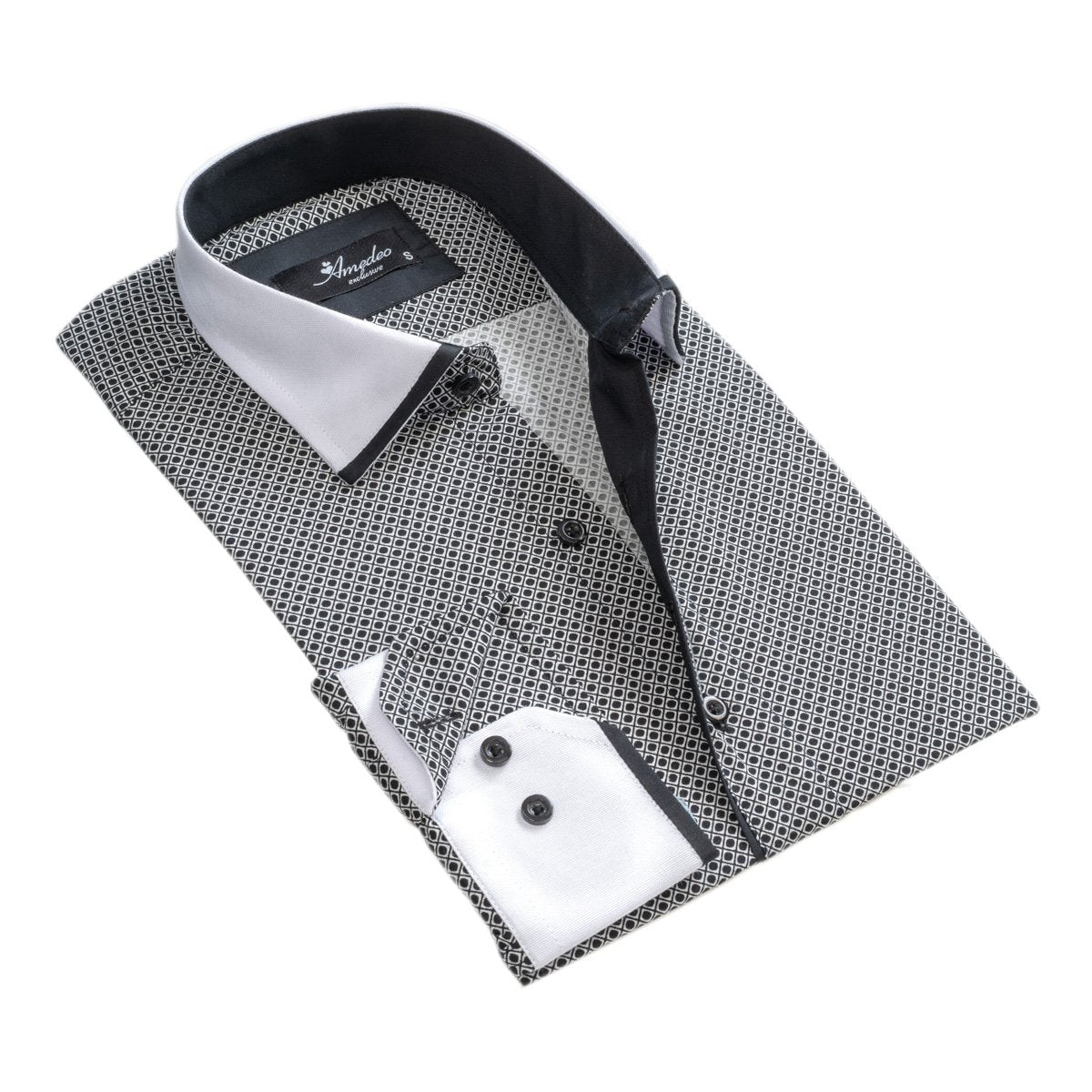 White Black Circles Men's Slim Fit Designer Dress Shirt featuring a tailored fit, spread collar, and designer cuff, made from luxury European cotton.