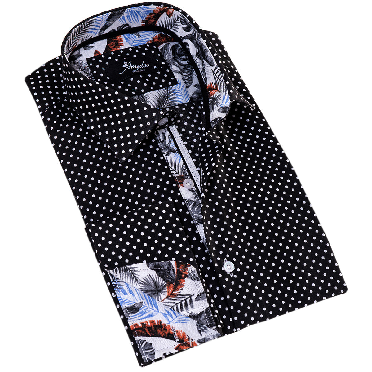 Stylish White Black Polka Dot inside Tropical Mens Slim Fit Designer French Shirt with reversible cuffs and spread collar.