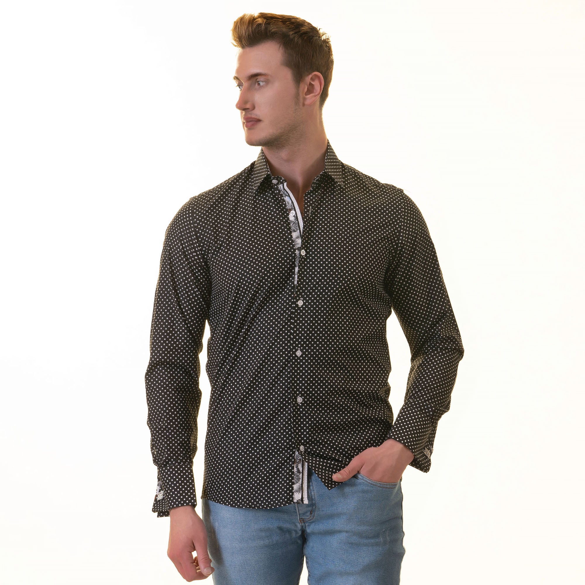 Stylish White Black Polka Dot inside Tropical Mens Slim Fit Designer French Shirt with reversible cuffs and spread collar.