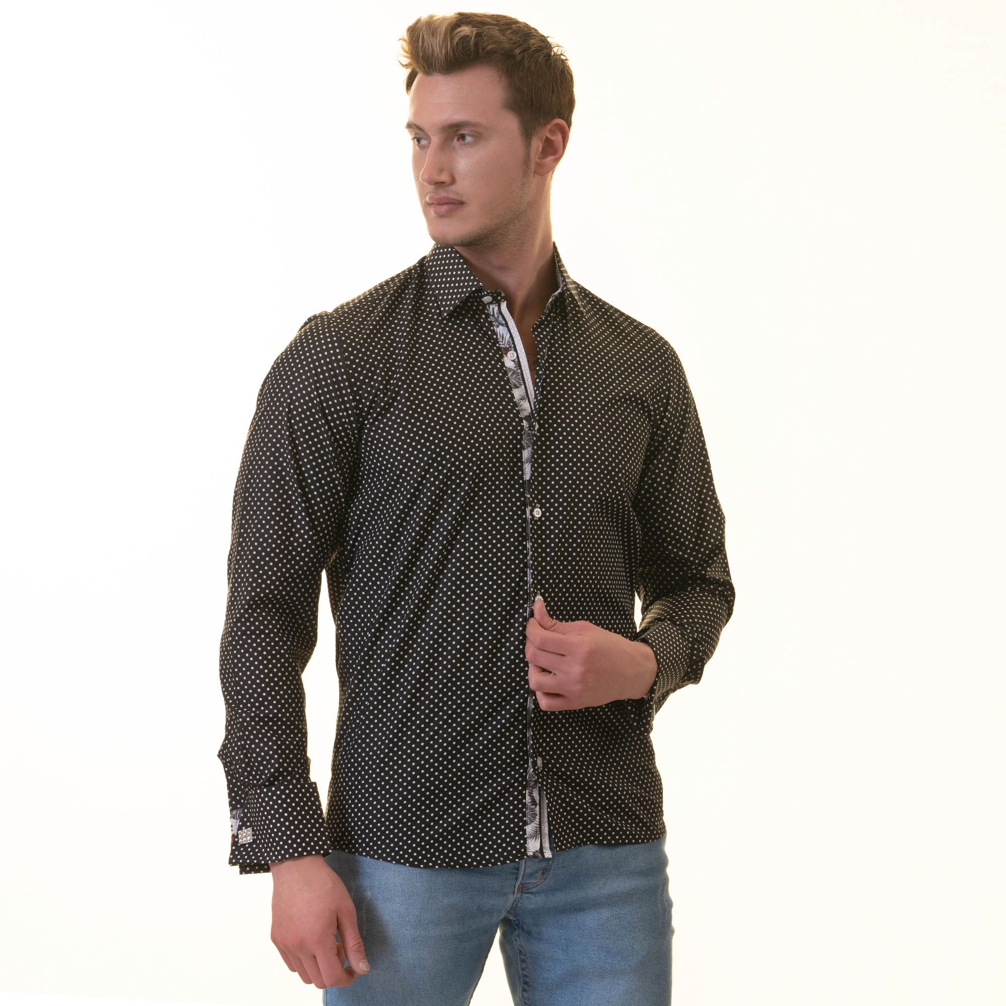 Stylish White Black Polka Dot inside Tropical Mens Slim Fit Designer French Shirt with reversible cuffs and spread collar.