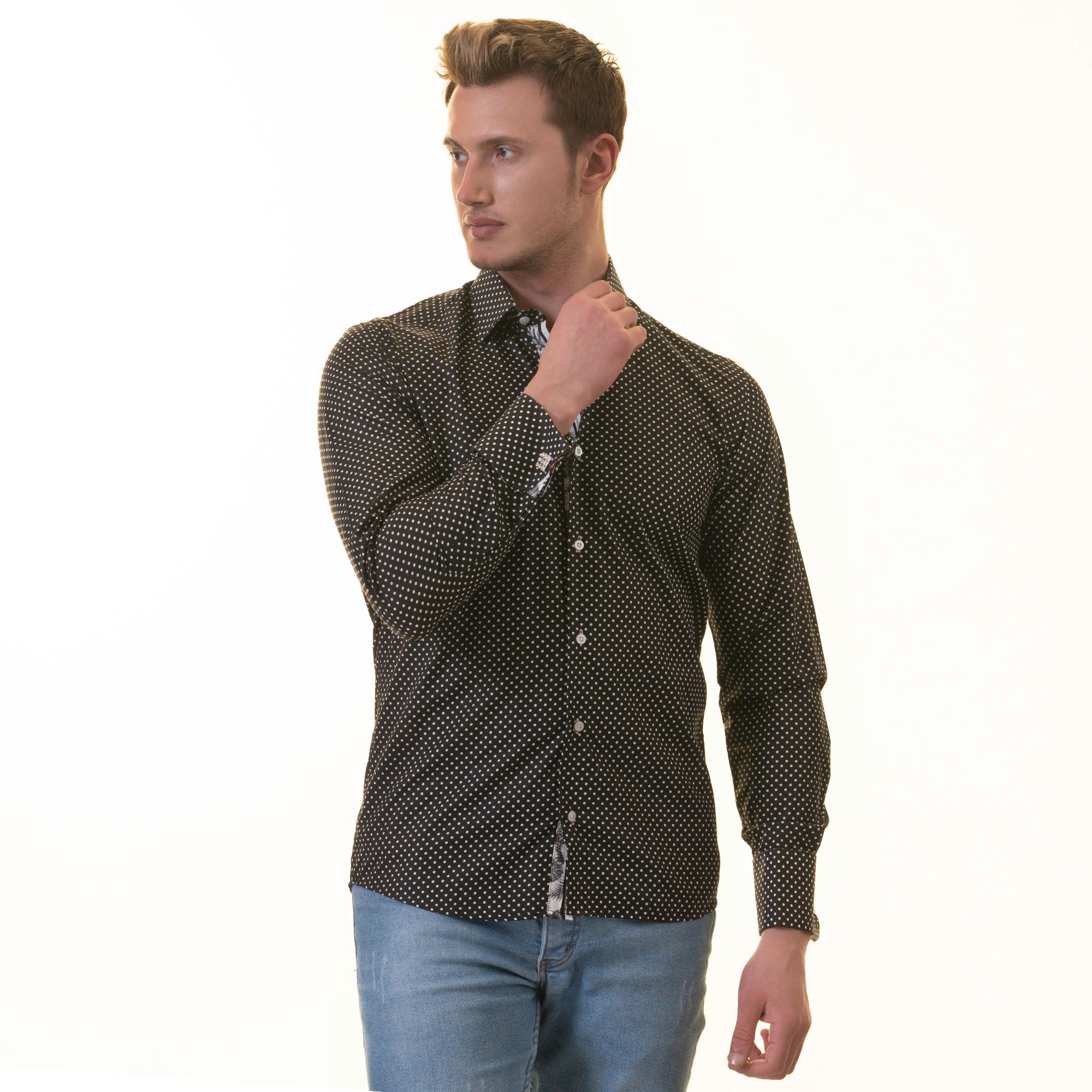 Stylish White Black Polka Dot inside Tropical Mens Slim Fit Designer French Shirt with reversible cuffs and spread collar.