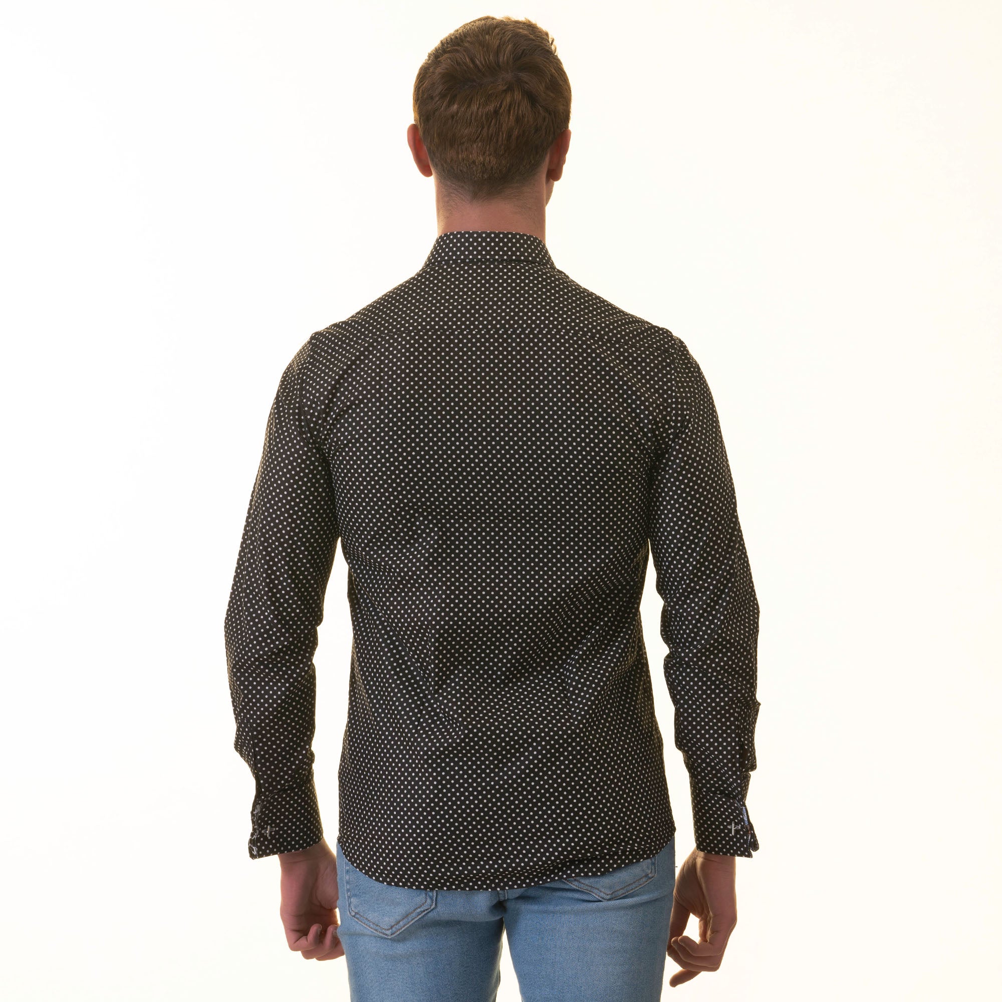 Stylish White Black Polka Dot inside Tropical Mens Slim Fit Designer French Shirt with reversible cuffs and spread collar.