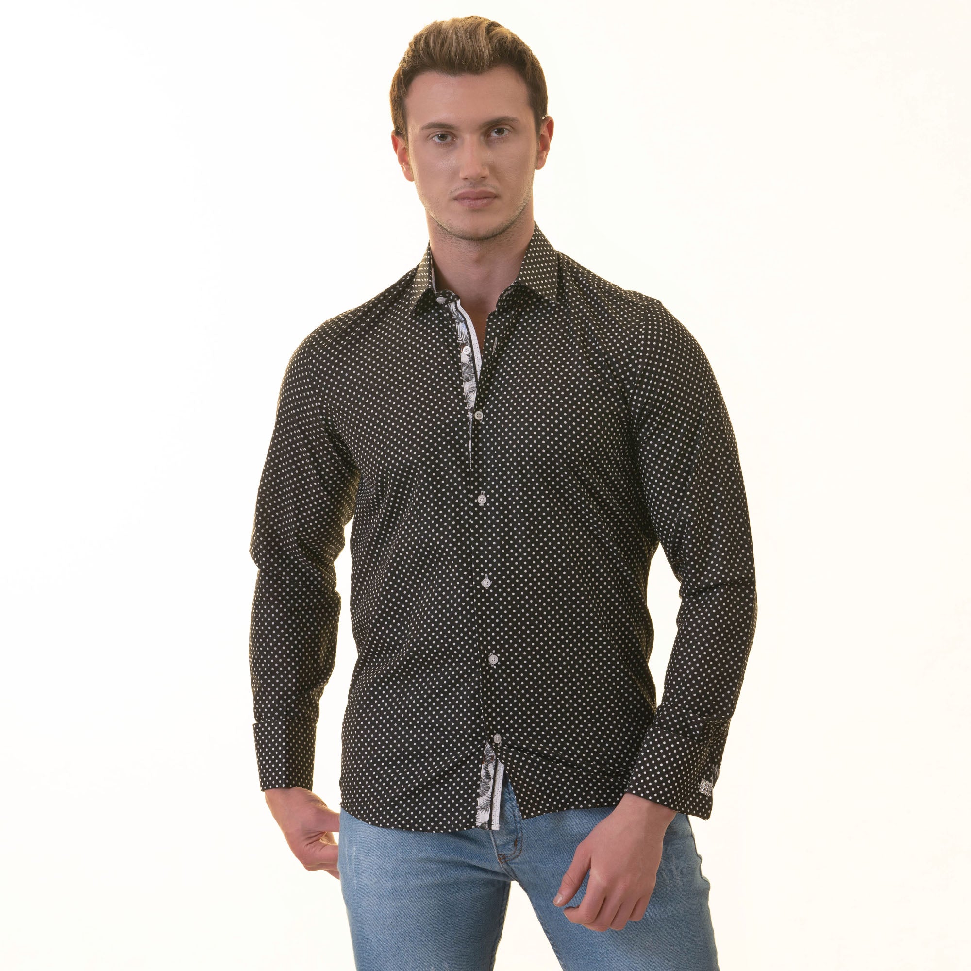 Stylish White Black Polka Dot inside Tropical Mens Slim Fit Designer French Shirt with reversible cuffs and spread collar.