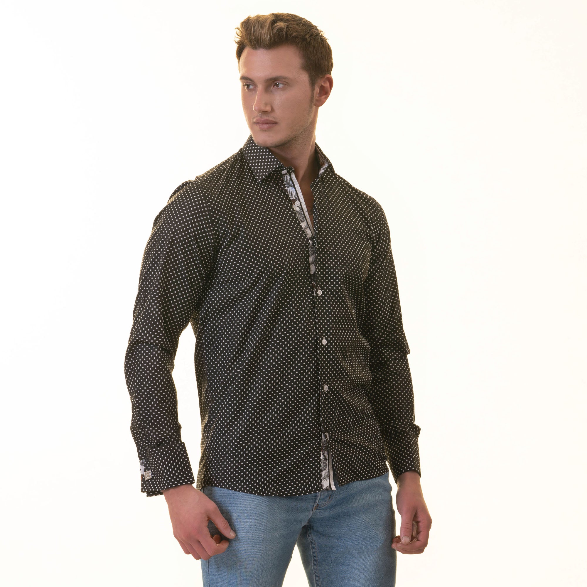 Stylish White Black Polka Dot inside Tropical Mens Slim Fit Designer French Shirt with reversible cuffs and spread collar.