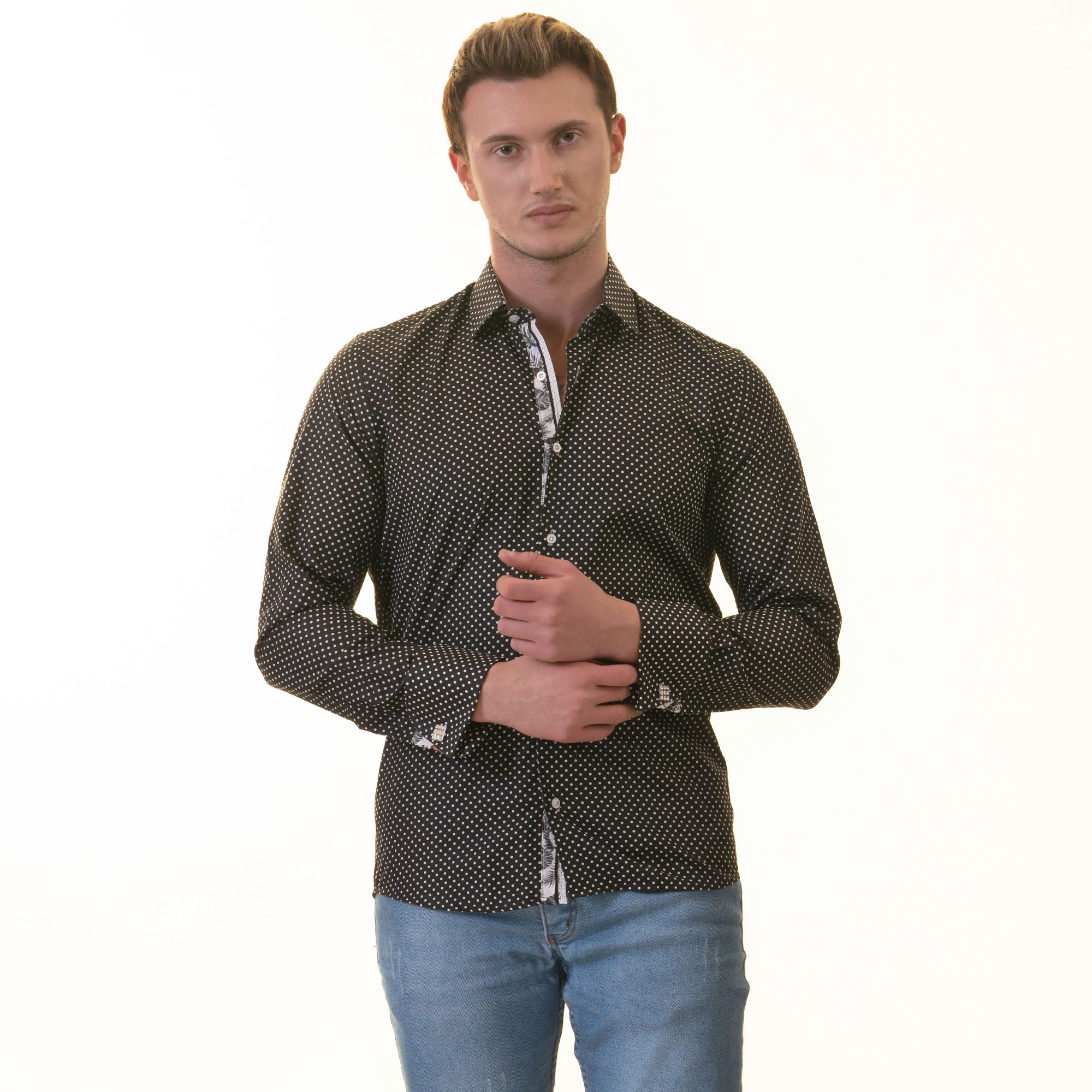Stylish White Black Polka Dot inside Tropical Mens Slim Fit Designer French Shirt with reversible cuffs and spread collar.