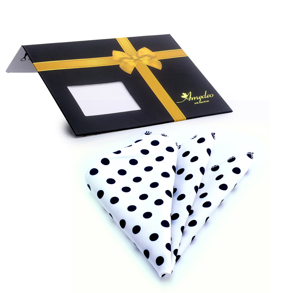 Elegant White Black Polka Dots Mens Pocket Square made from premium silk, showcasing a classic design suitable for formal and casual wear.