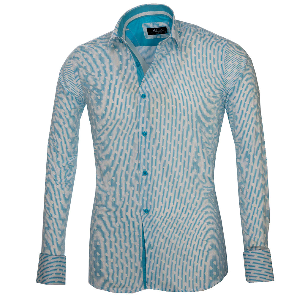 White and blue lines men's slim fit French cuff shirt with paisley design, showcasing premium cotton fabric and designer cuff.
