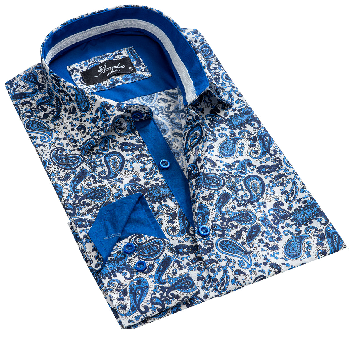 White Blue Paisley Mens Slim Fit Designer Dress Shirt featuring a spread collar and designer cuff, made from luxury European cotton.
