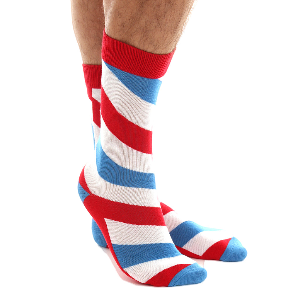 A pair of White Blue Red Stripe Mens Colorful Crew Socks made from premium cotton, showcasing a vibrant striped design.