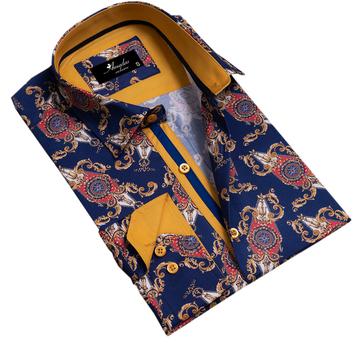 White Blue Tropical Mens Slim Fit Designer Dress Shirt featuring a spread collar and designer cuff, made from luxury European cotton.