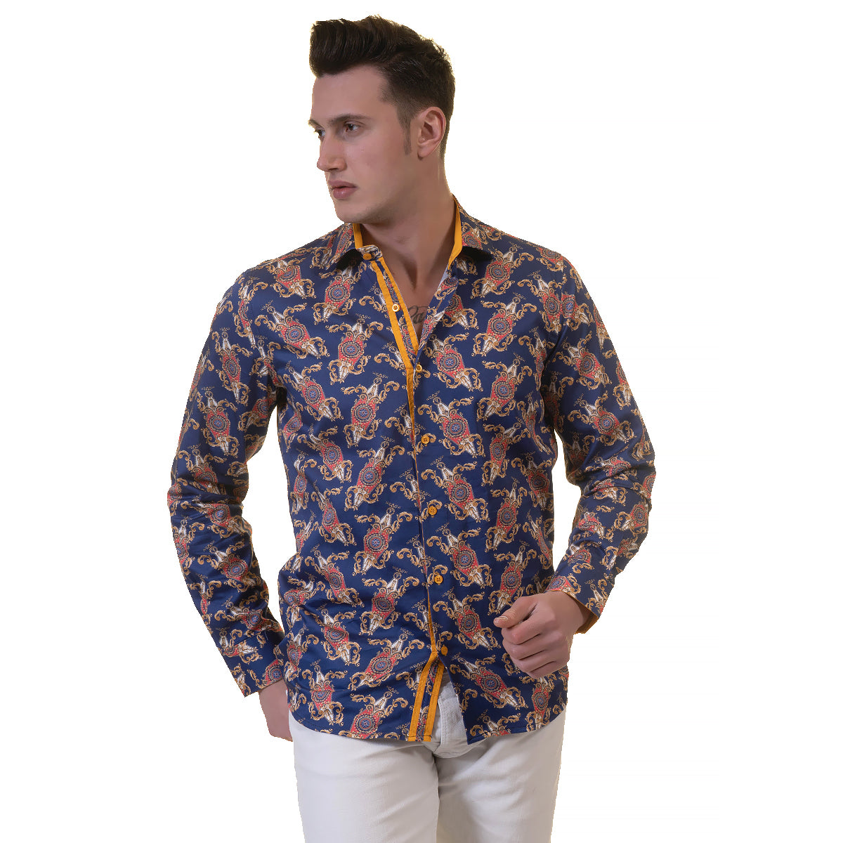 White Blue Tropical Mens Slim Fit Designer Dress Shirt featuring a spread collar and designer cuff, made from luxury European cotton.