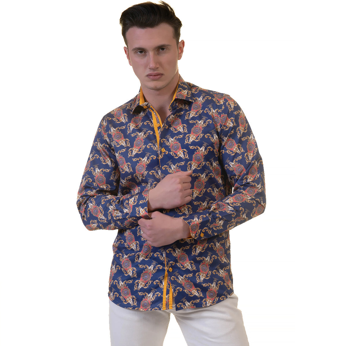White Blue Tropical Mens Slim Fit Designer Dress Shirt featuring a spread collar and designer cuff, made from luxury European cotton.