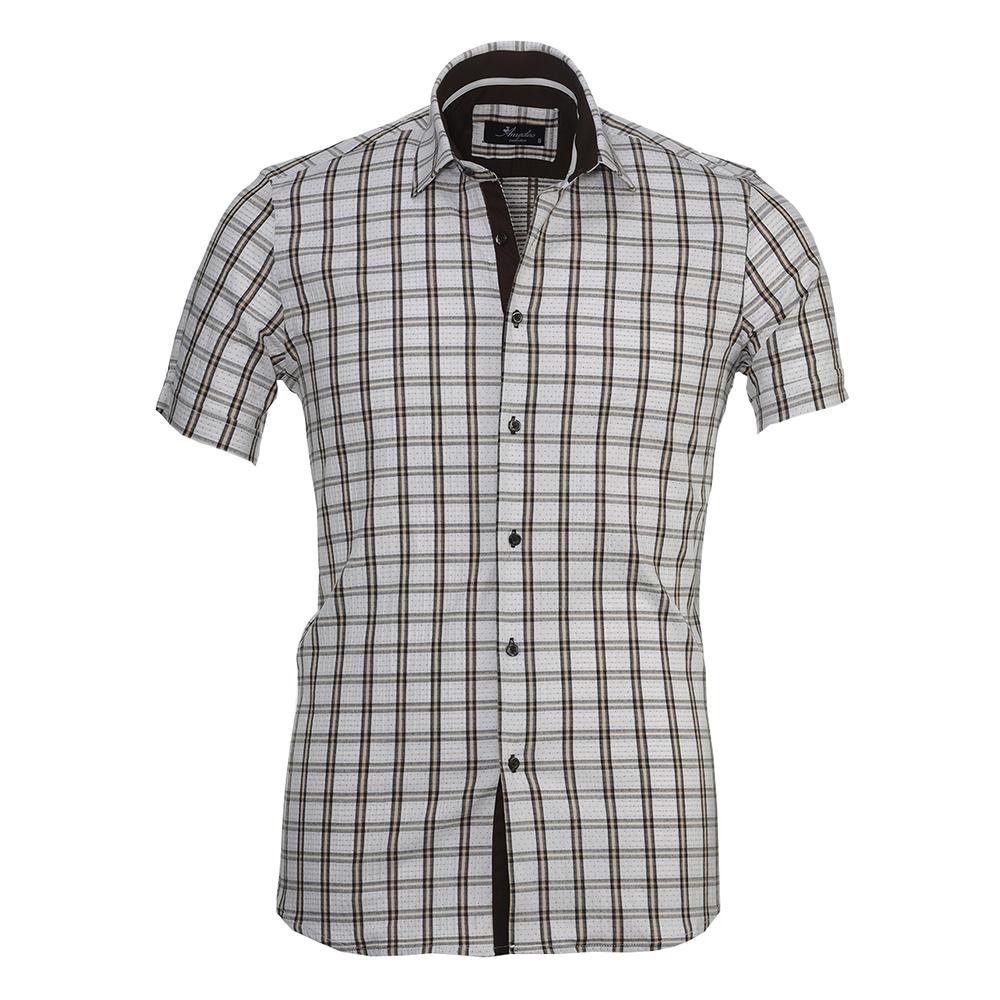 White Check Mens Short Sleeve Button-up Shirt featuring a tailored slim fit design, made from luxury European cotton.