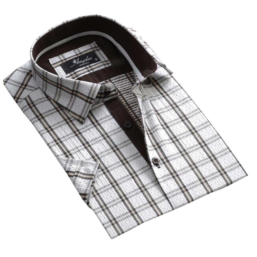 White Check Mens Short Sleeve Button-up Shirt featuring a tailored slim fit design, made from luxury European cotton.