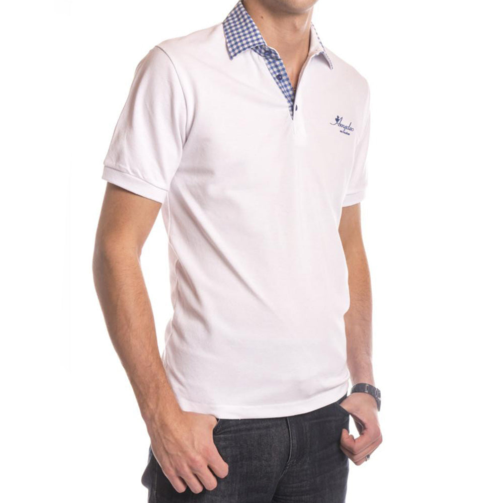 White Check Mens Slim Fit Polo Shirt made from 100% soft European cotton, featuring a tailored fit and short sleeves.