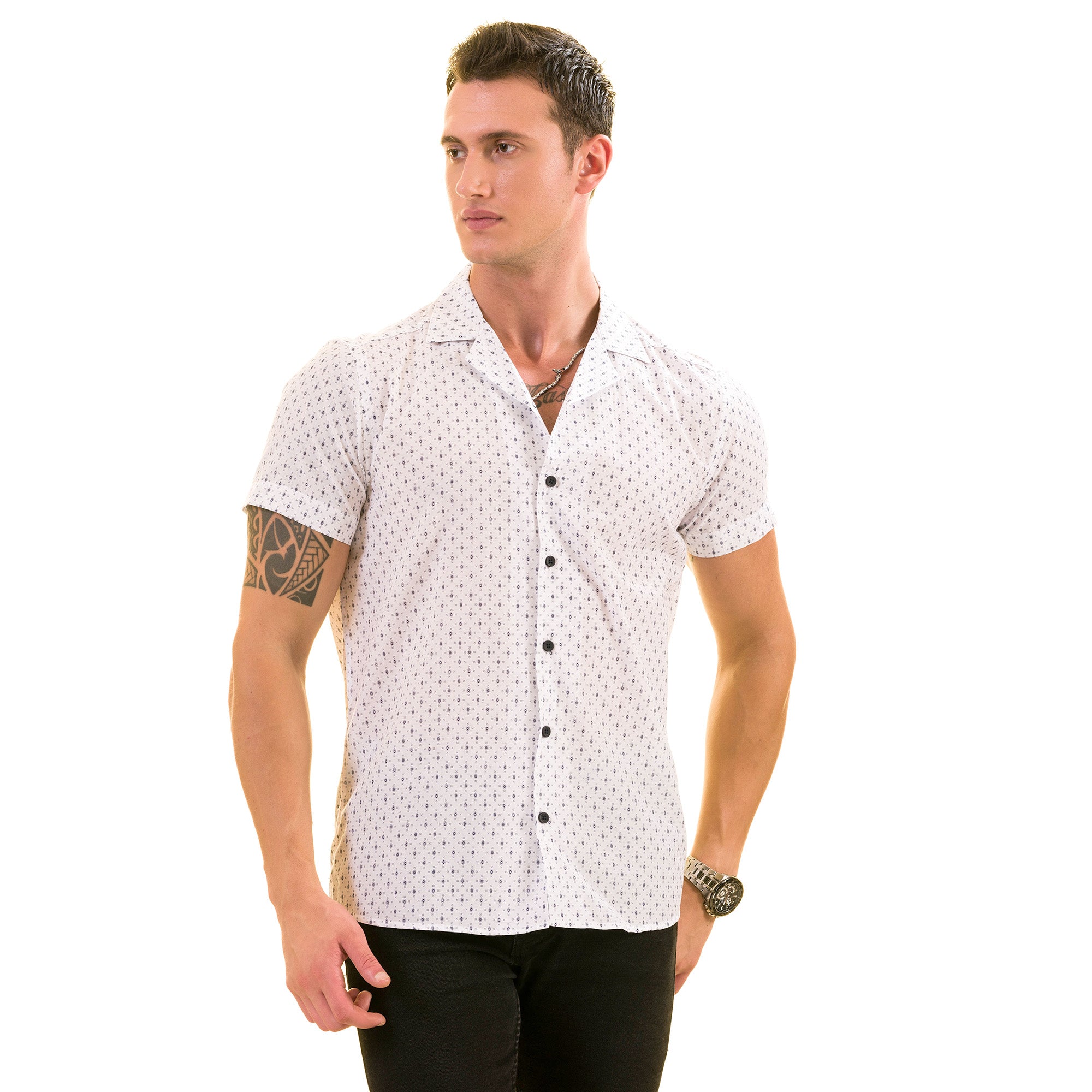 White Dotted Hawaiian Summer Shirt for Men, showcasing a stylish design made from luxury European cotton, perfect for summer wear.