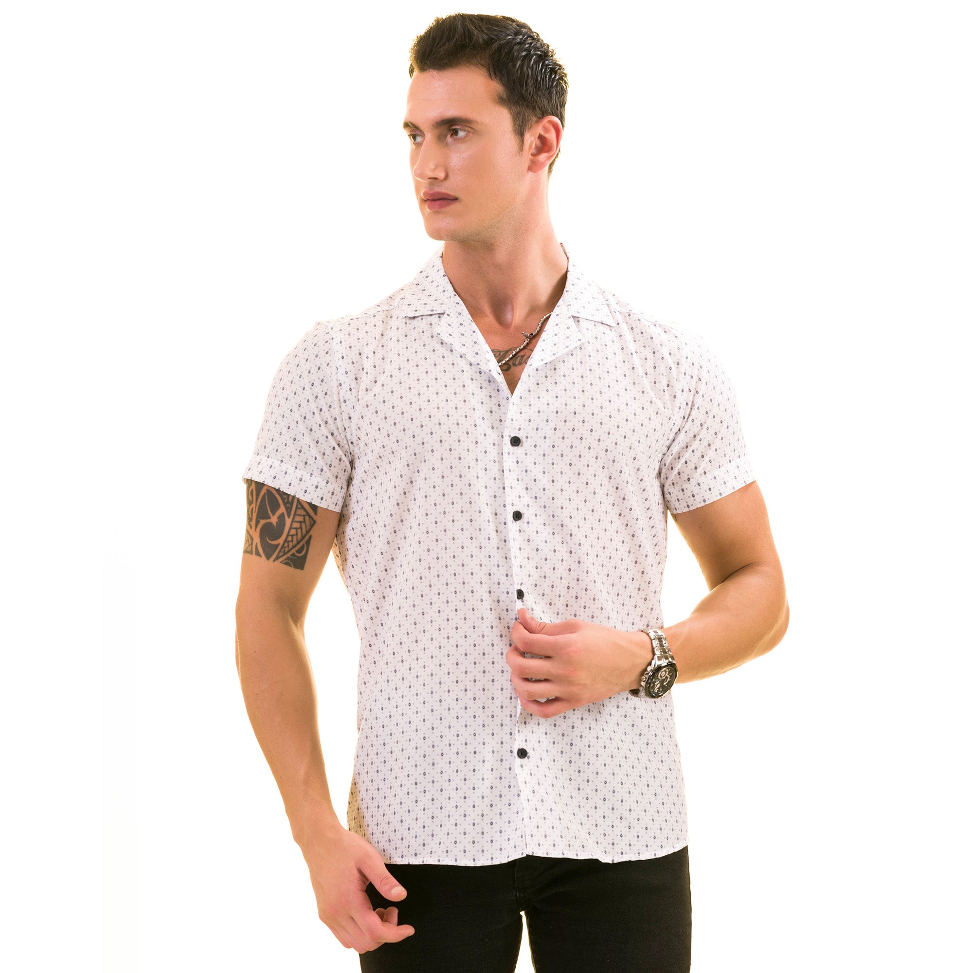 White Dotted Hawaiian Summer Shirt for Men, showcasing a stylish design made from luxury European cotton, perfect for summer wear.