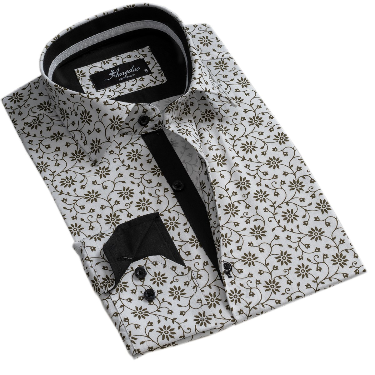 White Green Floral Mens Slim Fit Designer Dress Shirt showcasing a modern floral pattern and tailored fit, made from luxury European cotton.