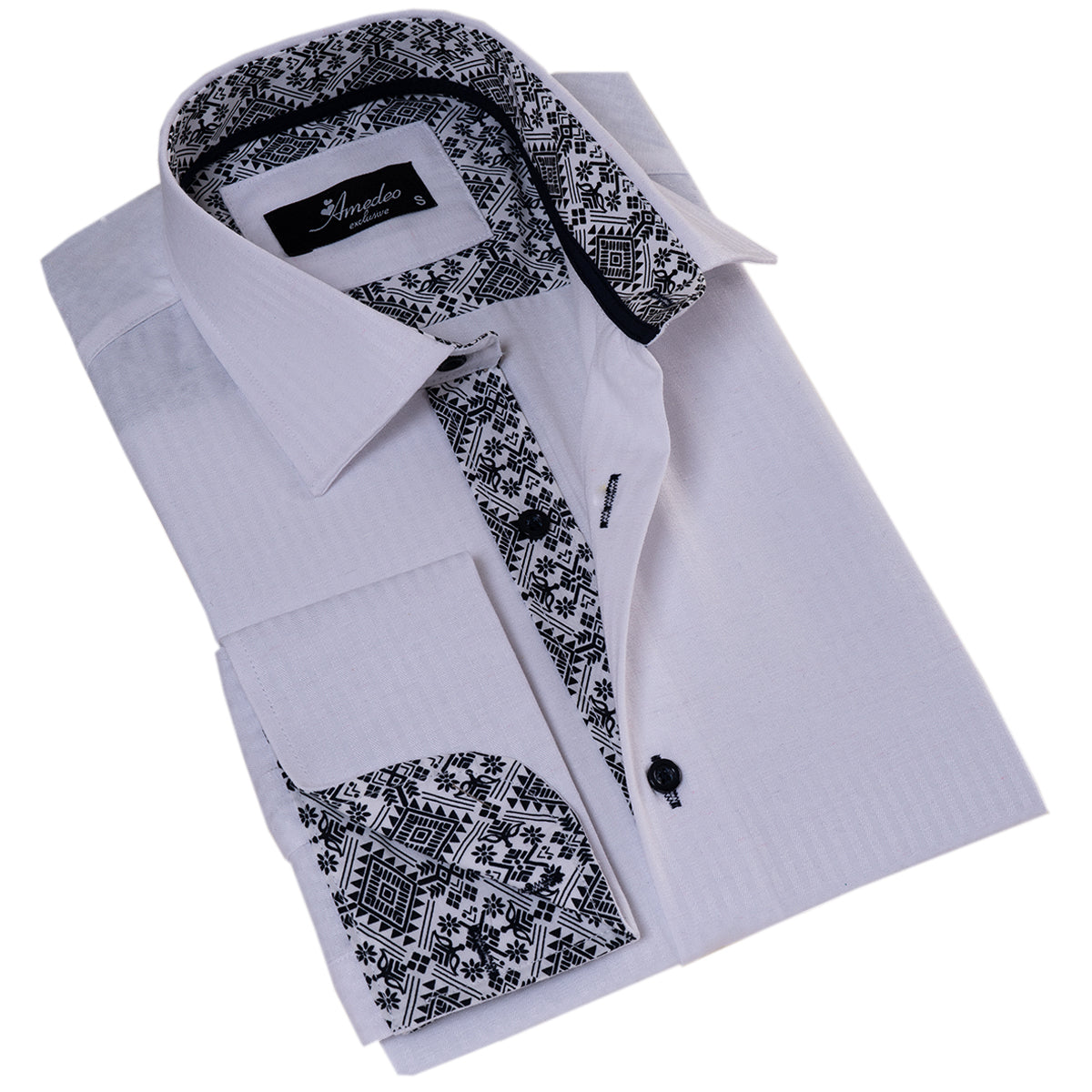 A stylish White inside Black Designer Double Cuff Shirt for men, featuring a spread collar and double reversible cuffs, perfect for formal and casual occasions.