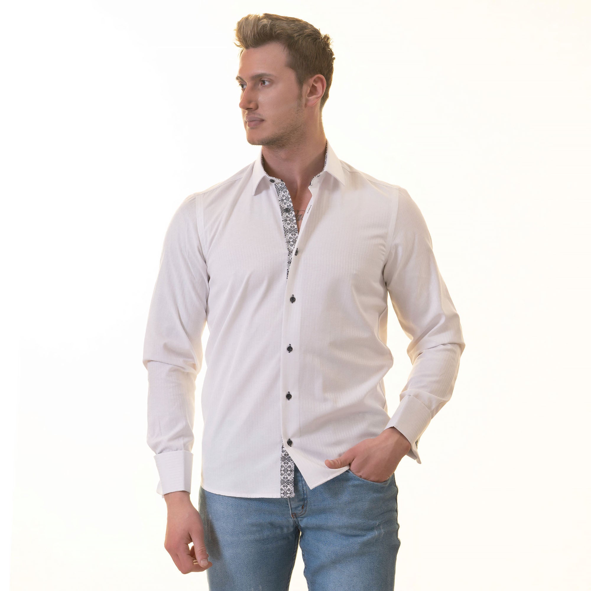 A stylish White inside Black Designer Double Cuff Shirt for men, featuring a spread collar and double reversible cuffs, perfect for formal and casual occasions.
