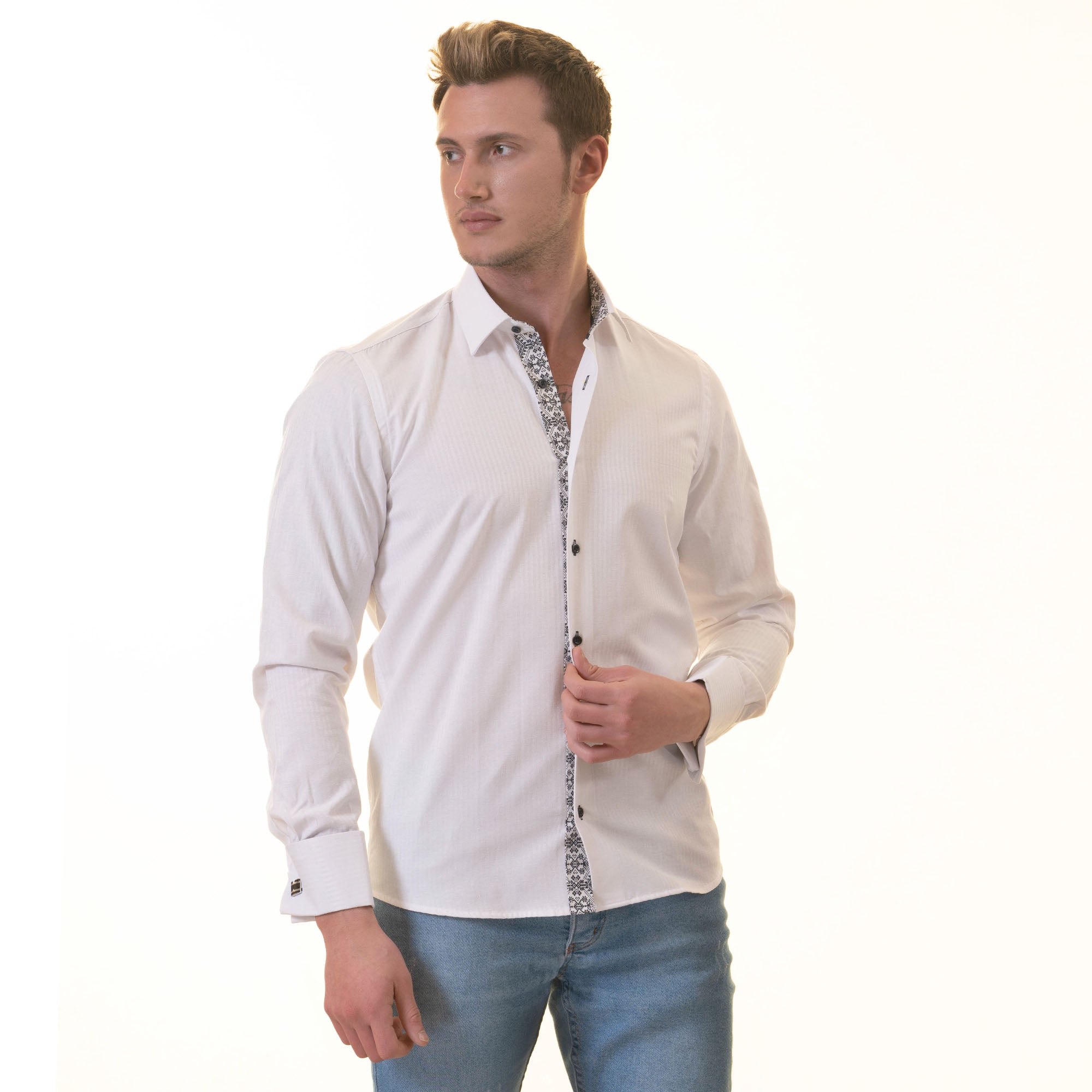 A stylish White inside Black Designer Double Cuff Shirt for men, featuring a spread collar and double reversible cuffs, perfect for formal and casual occasions.