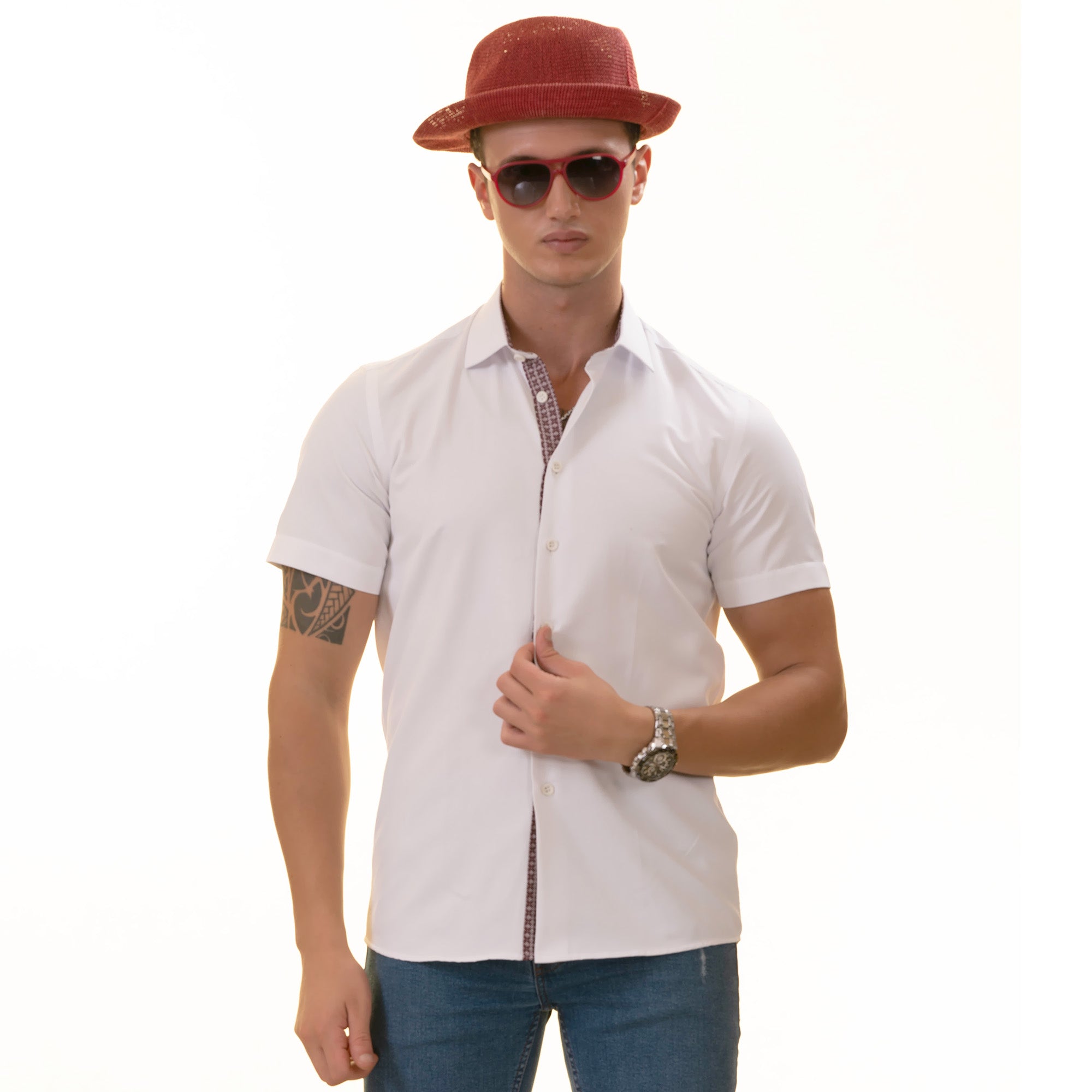 White inside Burgdany Paisley Short Sleeve Button-up Shirt showcasing luxurious European cotton with a tailored slim fit design.