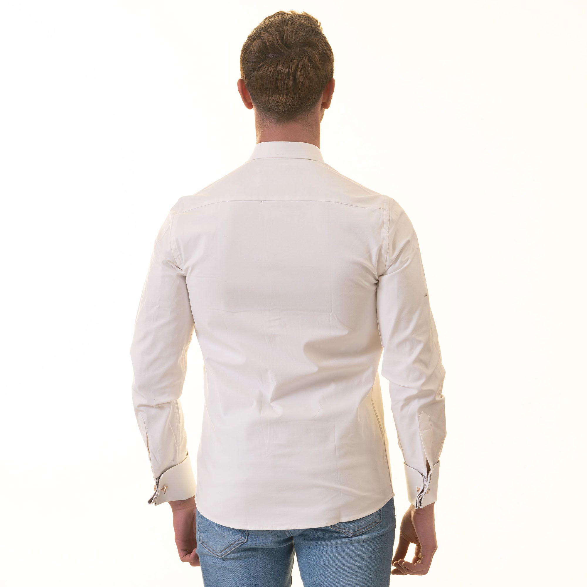 White inside Floral Mens Slim Fit Designer French Cuff Shirt with spread collar and reversible cuffs, showcasing premium cotton fabric.