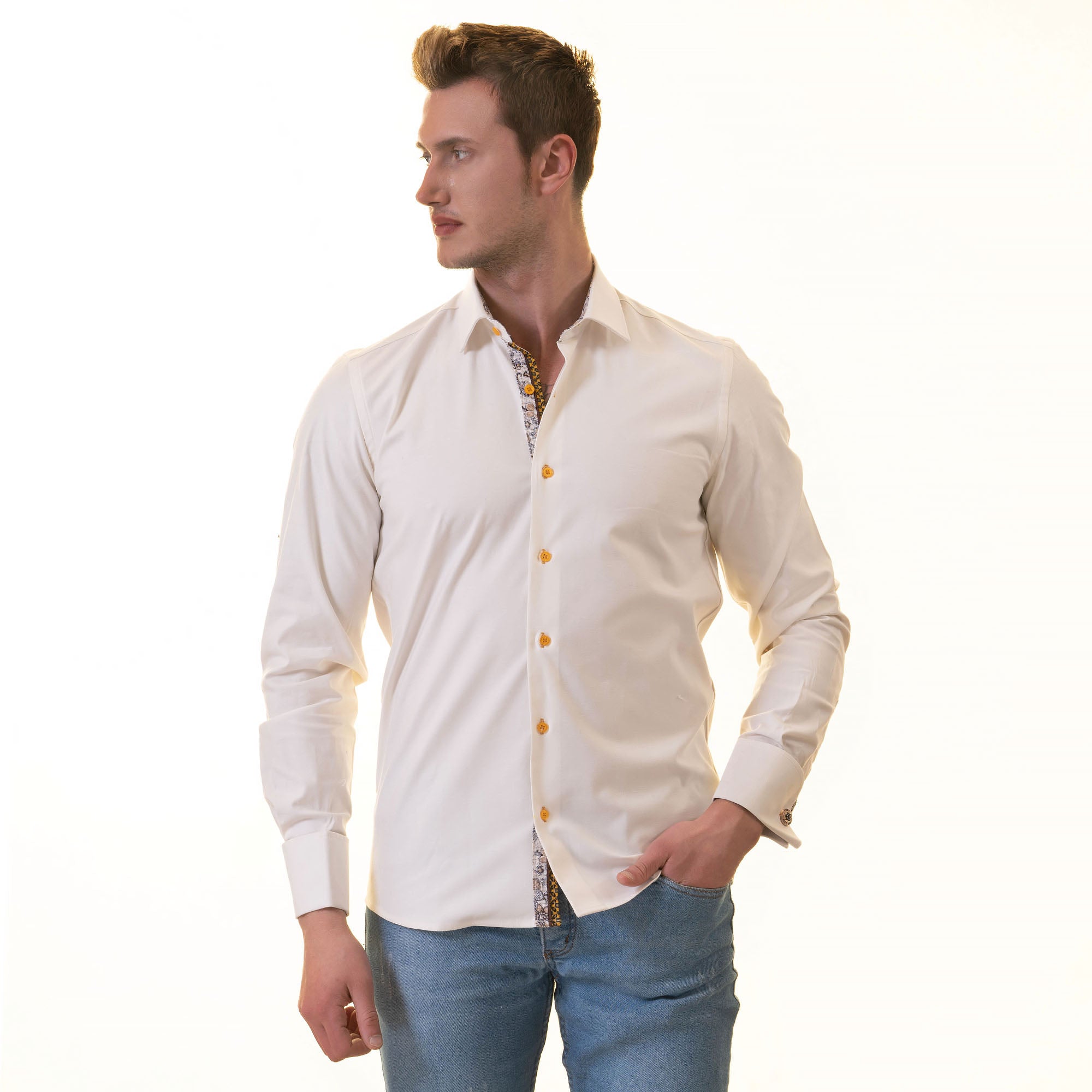 White inside Floral Mens Slim Fit Designer French Cuff Shirt with spread collar and reversible cuffs, showcasing premium cotton fabric.