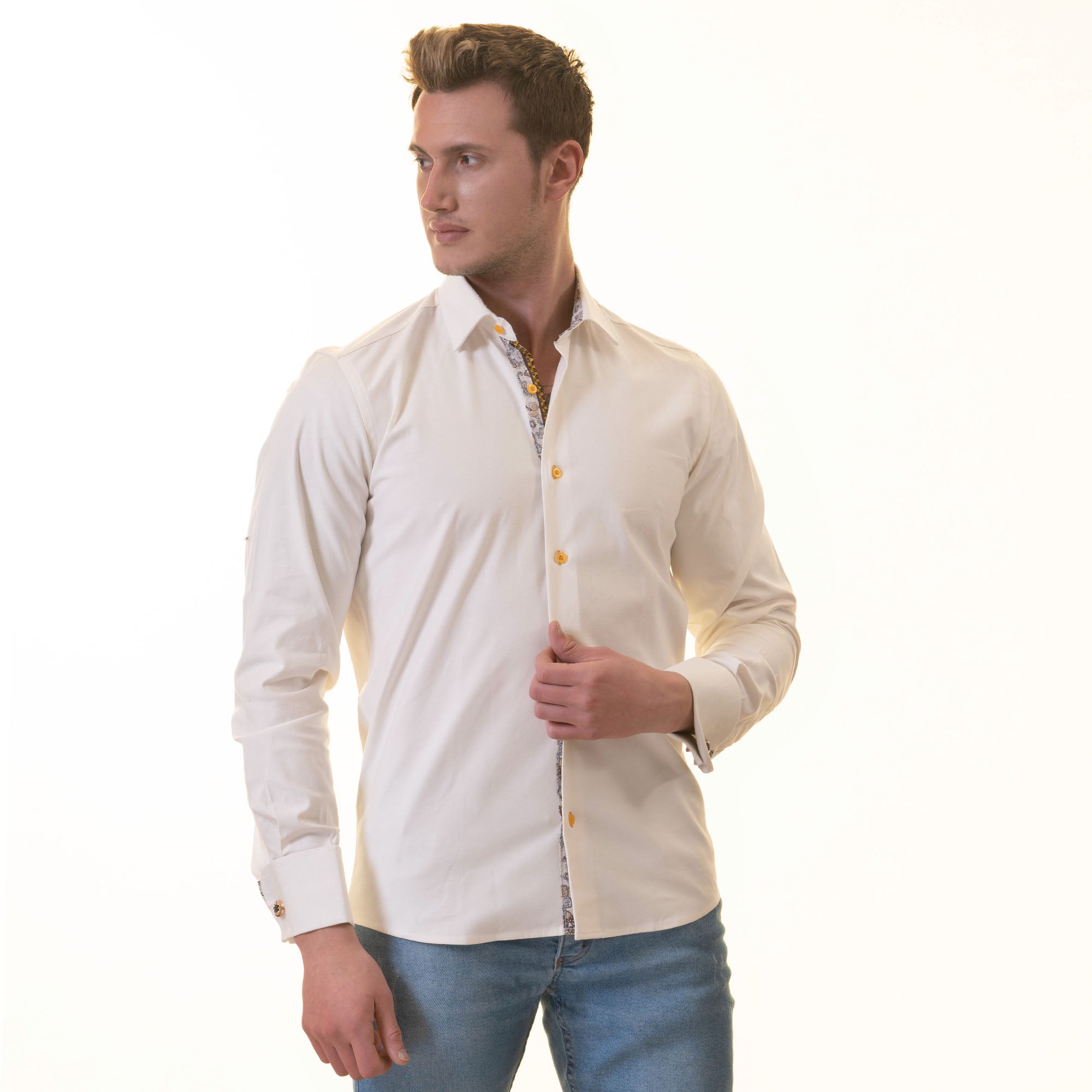 White inside Floral Mens Slim Fit Designer French Cuff Shirt with spread collar and reversible cuffs, showcasing premium cotton fabric.