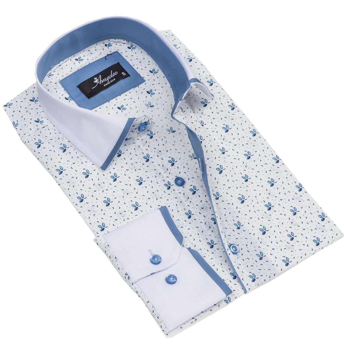 White and light blue men's slim fit designer dress shirt with long sleeves and designer cuff, made from luxury European cotton.
