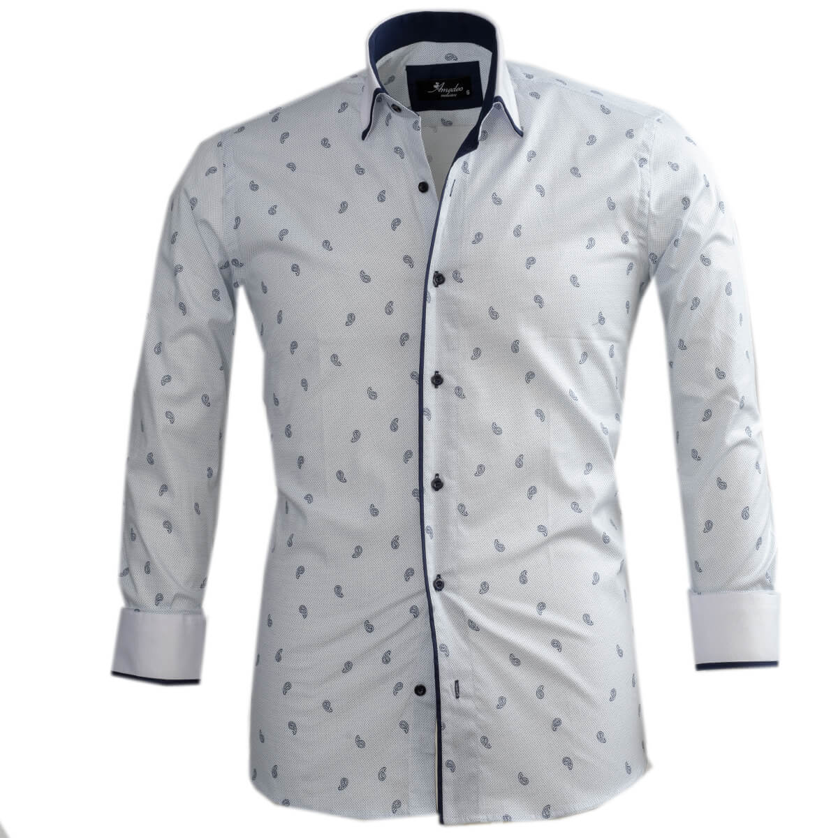White Light Blue Paisley Mens Slim Fit Designer Dress Shirt featuring a spread collar and designer cuff, made from luxury European cotton.