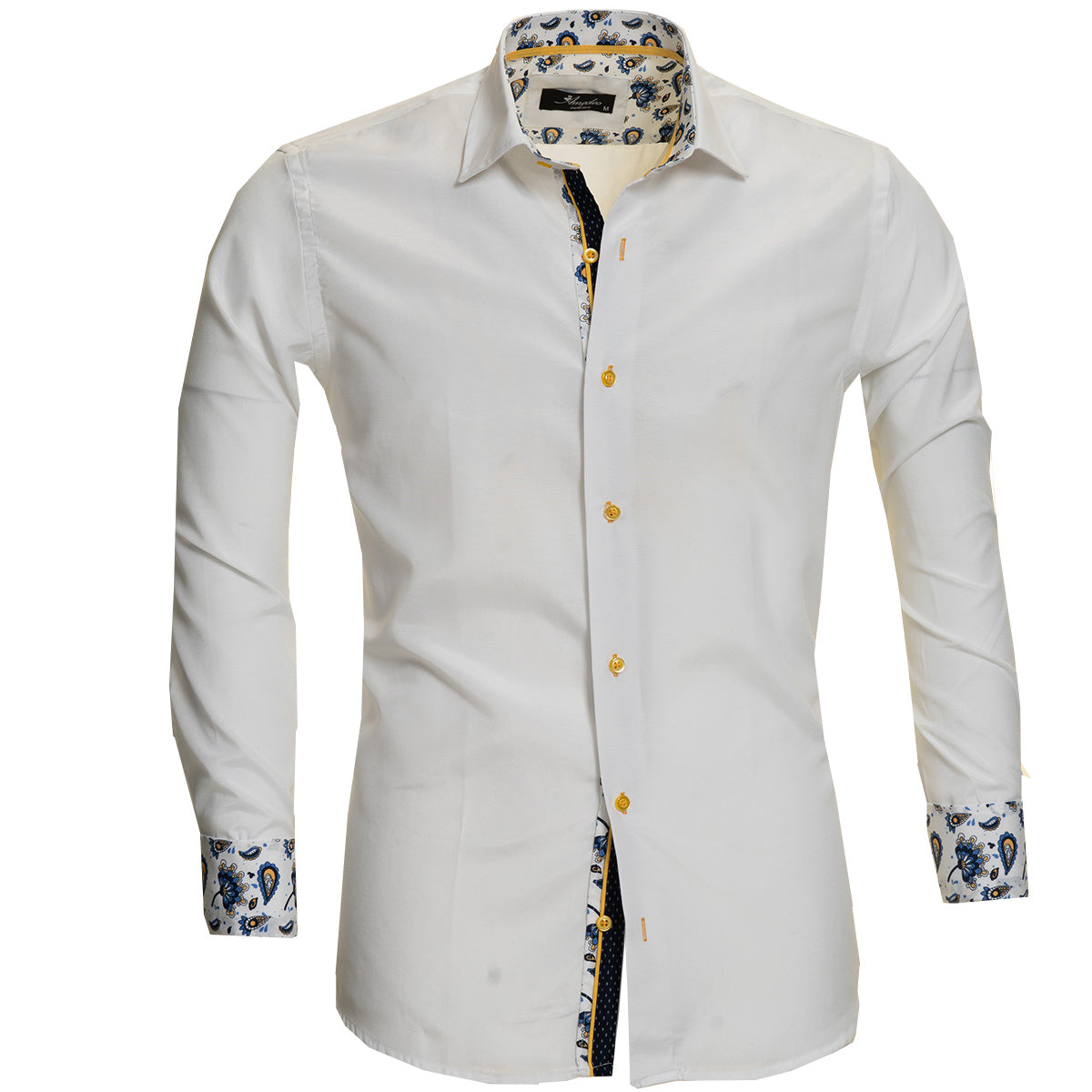 White Men's Slim Fit Designer Dress Shirt made from luxury European cotton, featuring a spread collar and designer cuff for versatile styling.