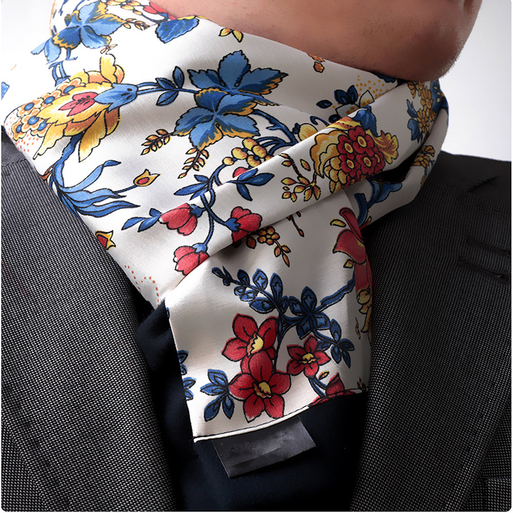 A stylish White Multi Color Men's Silk Scarf featuring a black, white, and red plaid design, made from luxurious silk and suede.