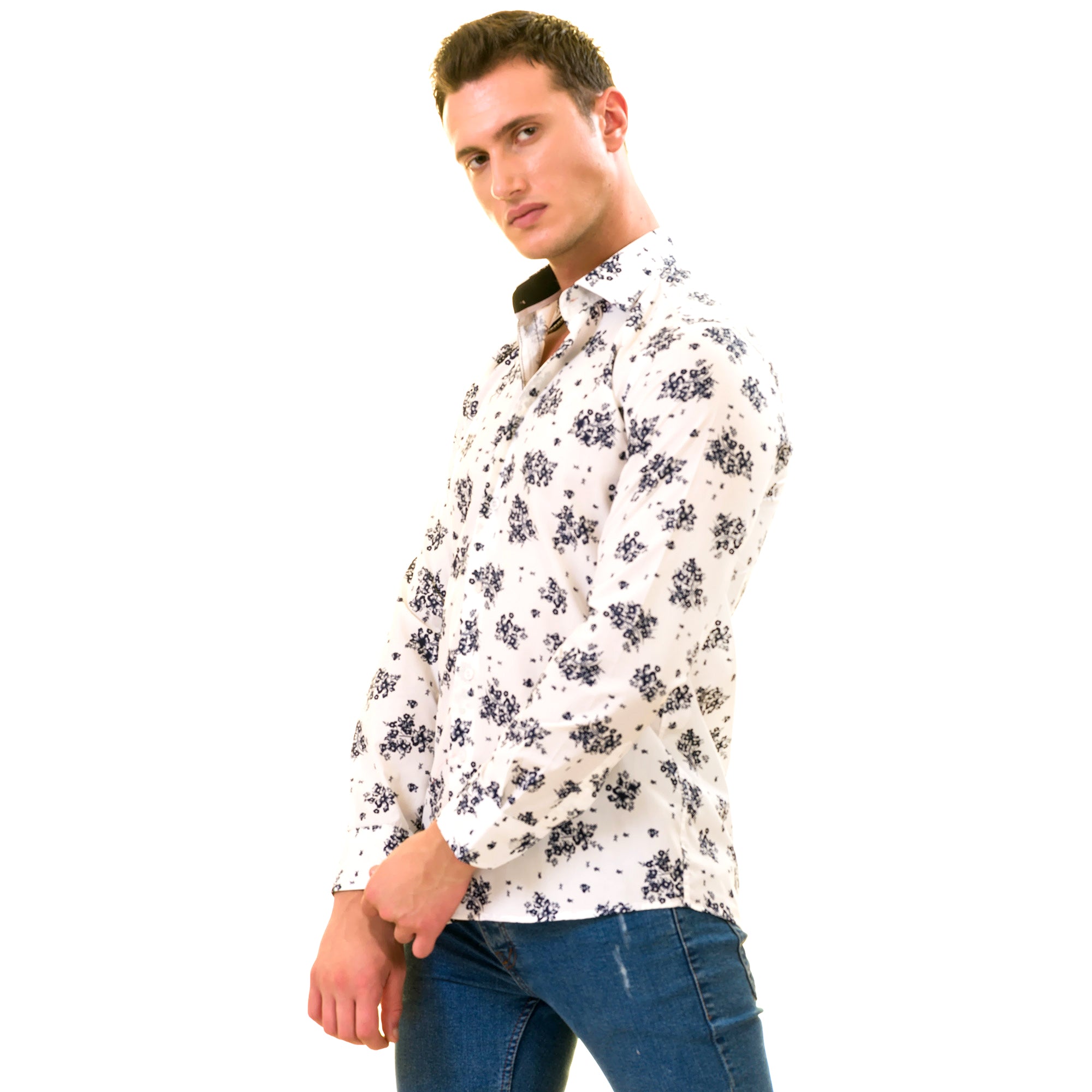 White Navy Floral Digital Men's Slim Fit Designer Dress Shirt featuring a spread collar and designer cuff, made from luxury European cotton.
