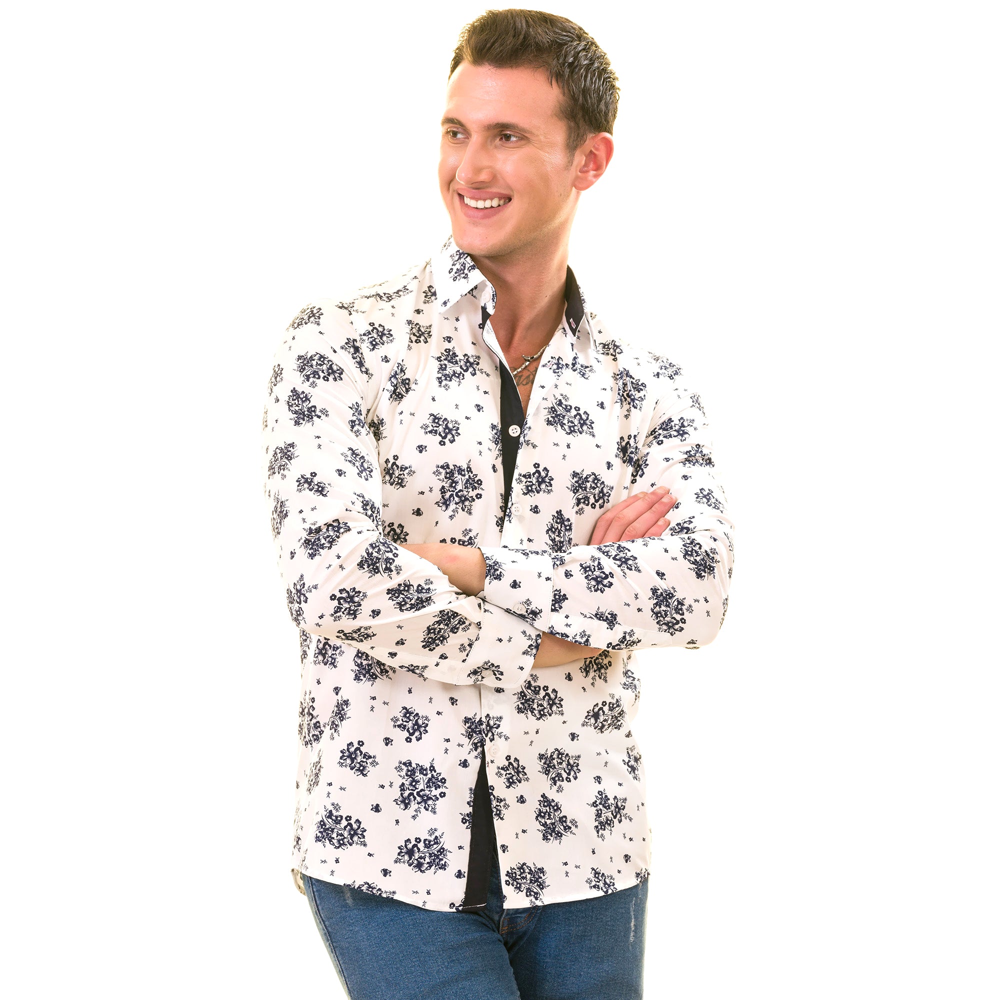 White Navy Floral Digital Men's Slim Fit Designer Dress Shirt featuring a spread collar and designer cuff, made from luxury European cotton.