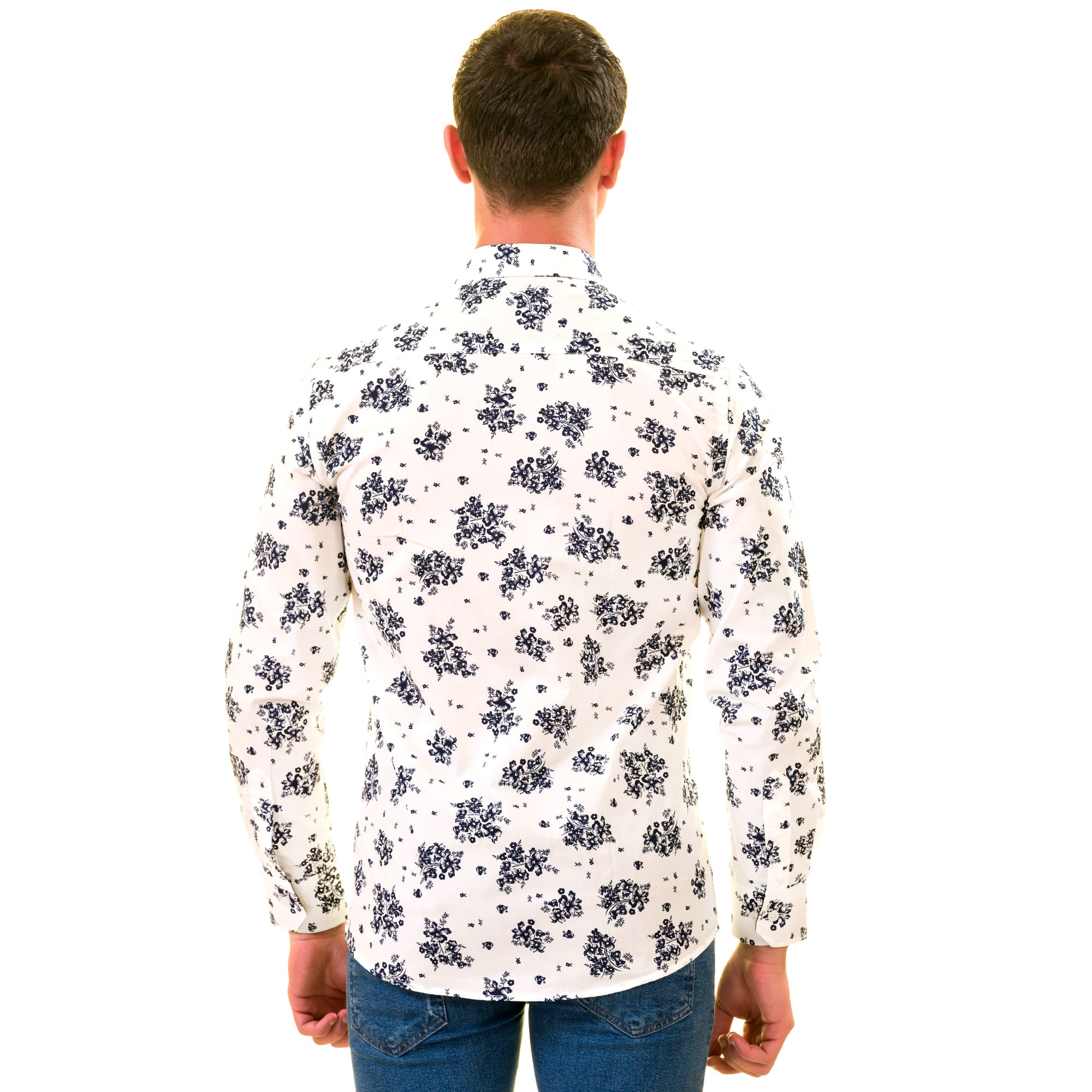 White Navy Floral Digital Men's Slim Fit Designer Dress Shirt featuring a spread collar and designer cuff, made from luxury European cotton.