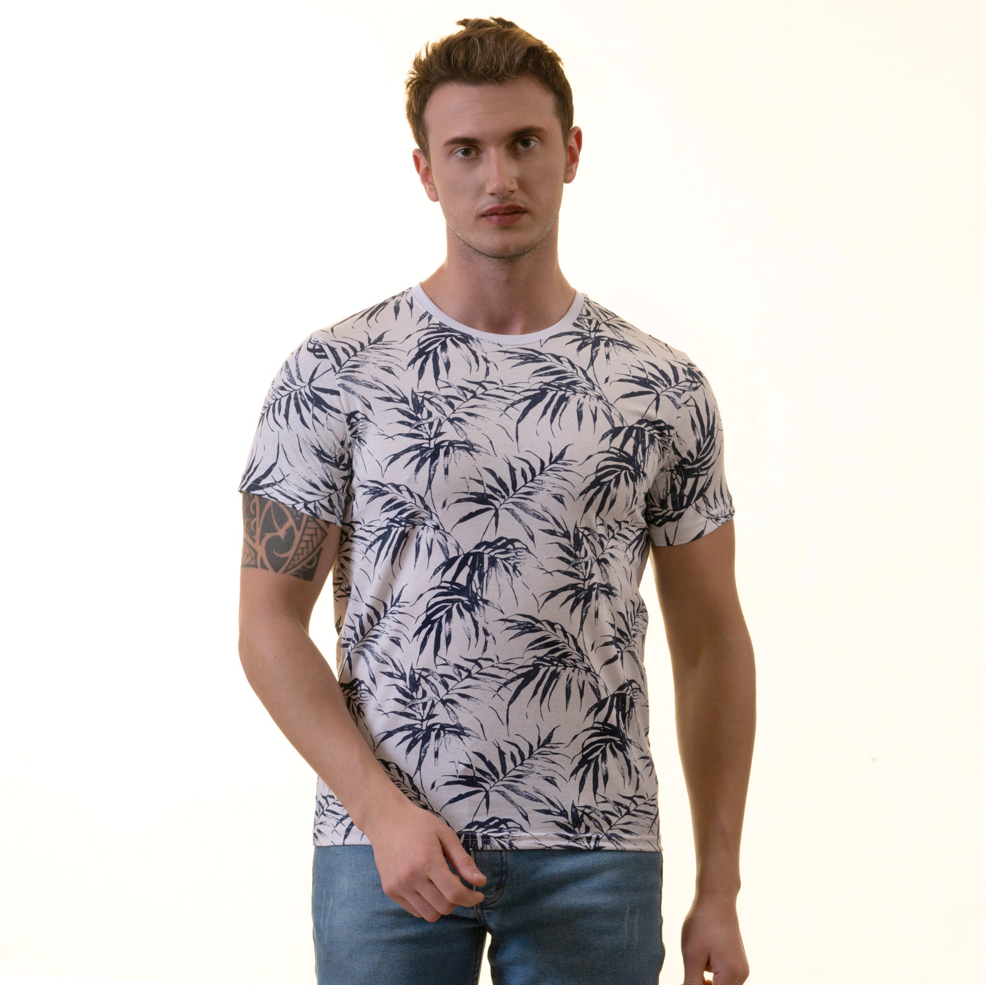 White Navy Floral European Made Premium Quality T-Shirt featuring a crew neck and short sleeves, crafted from luxury cotton.