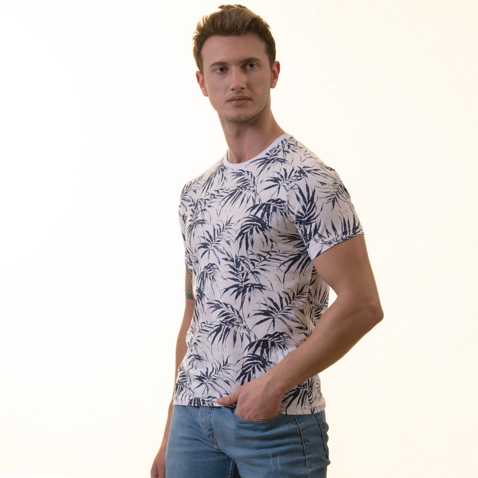 White Navy Floral European Made Premium Quality T-Shirt featuring a crew neck and short sleeves, crafted from luxury cotton.
