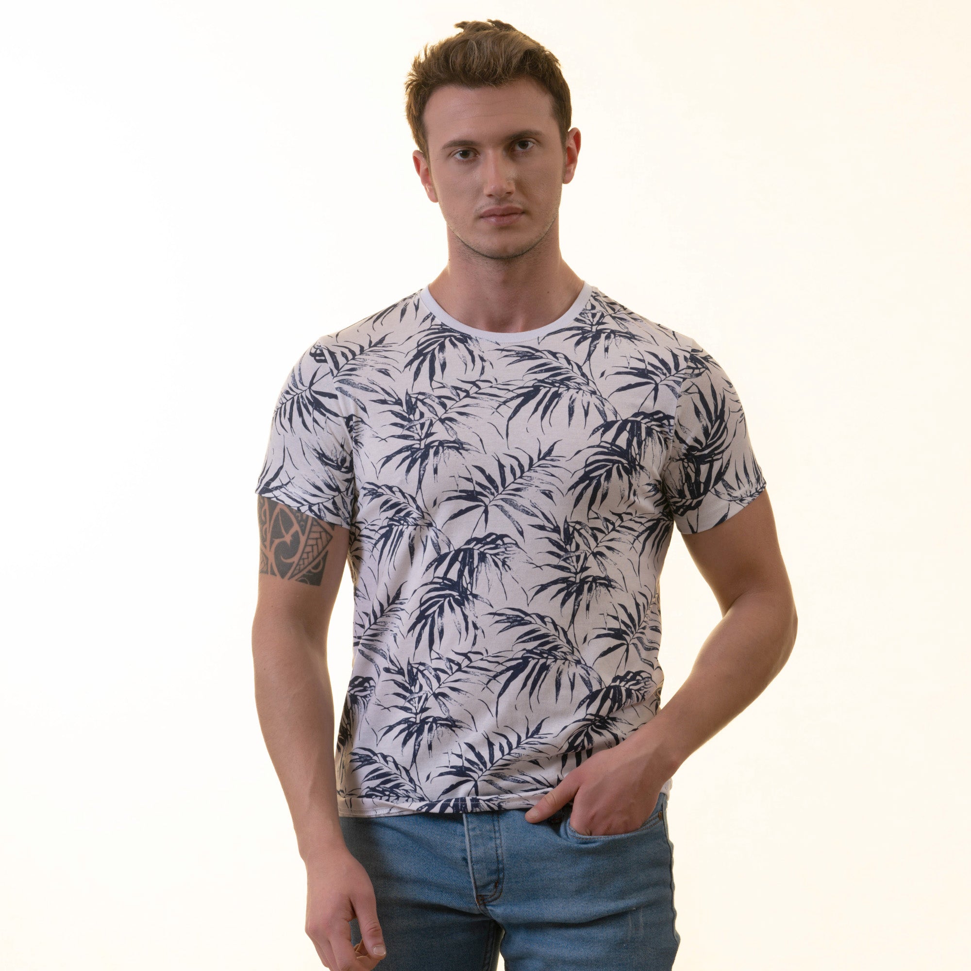 White Navy Floral European Made Premium Quality T-Shirt featuring a crew neck and short sleeves, crafted from luxury cotton.