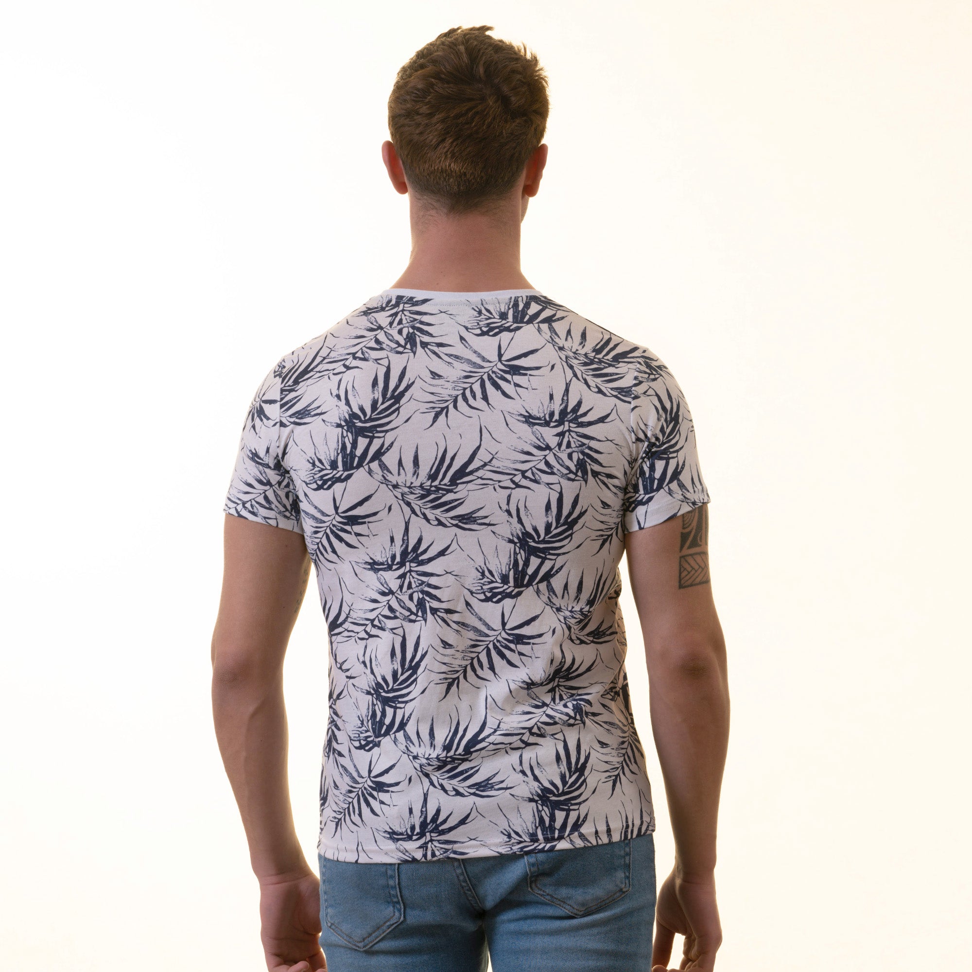 White Navy Floral European Made Premium Quality T-Shirt featuring a crew neck and short sleeves, crafted from luxury cotton.