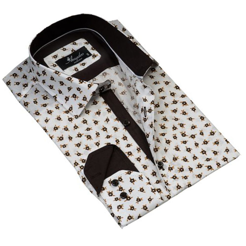 White dress shirt with brown floral pattern, tailored slim fit, long sleeves, made from luxury European cotton.