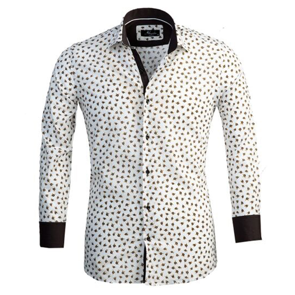 White dress shirt with brown floral pattern, tailored slim fit, long sleeves, made from luxury European cotton.