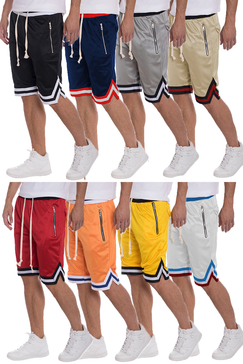 Wilcox Mesh Shorts featuring elastic waistband, drawstring, and stylish contrast stripes.