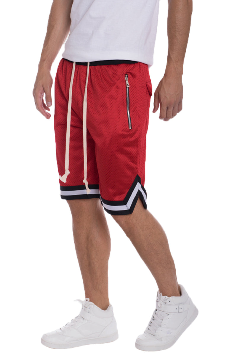 Wilcox Mesh Shorts featuring elastic waistband, drawstring, and stylish contrast stripes.