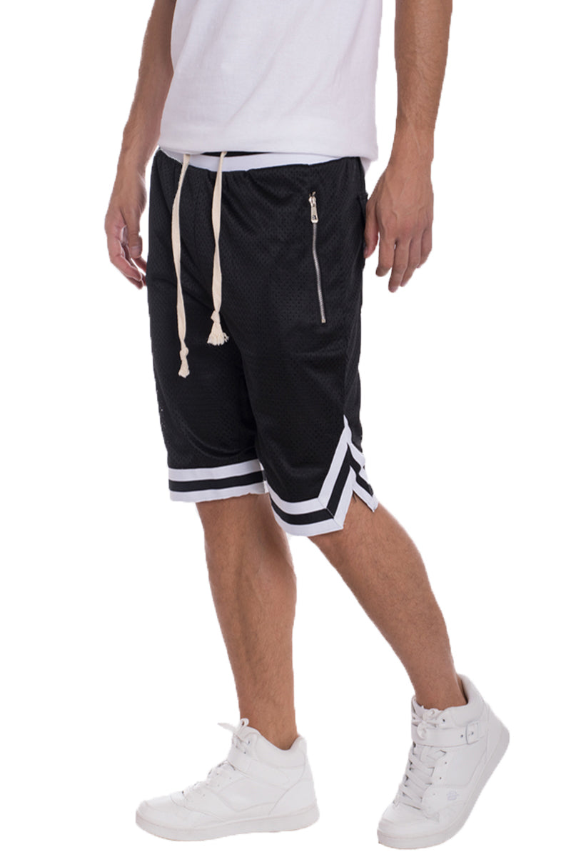 Wilcox Mesh Shorts featuring elastic waistband, drawstring, and stylish contrast stripes.